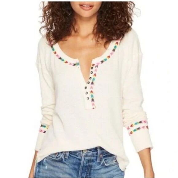 FREE PEOPLE WE THE FREE RAINBOW MULTI HENLEY THERMAL EMBROIDERED WOMEN’S XS - Picture 2 of 14